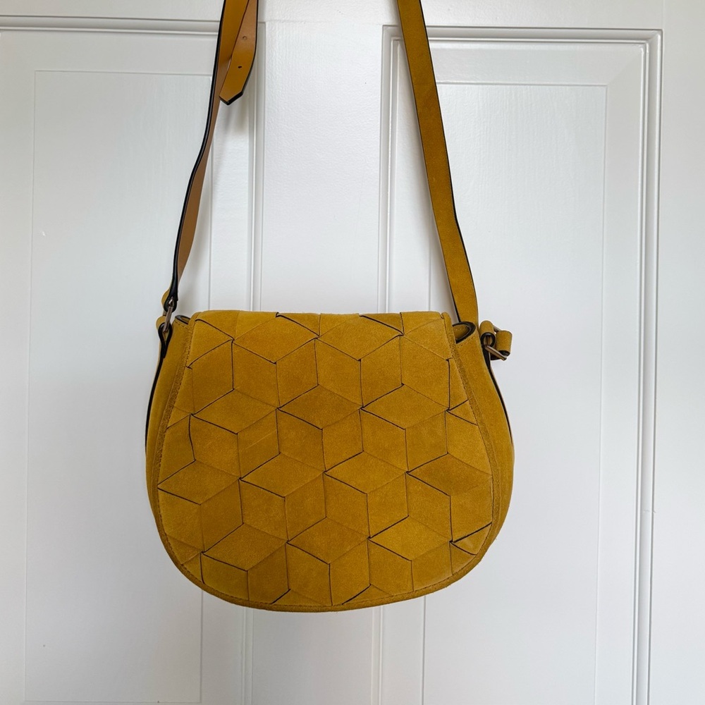Geometric Mustard Suede Crossbody Bag - Adjustable Strap